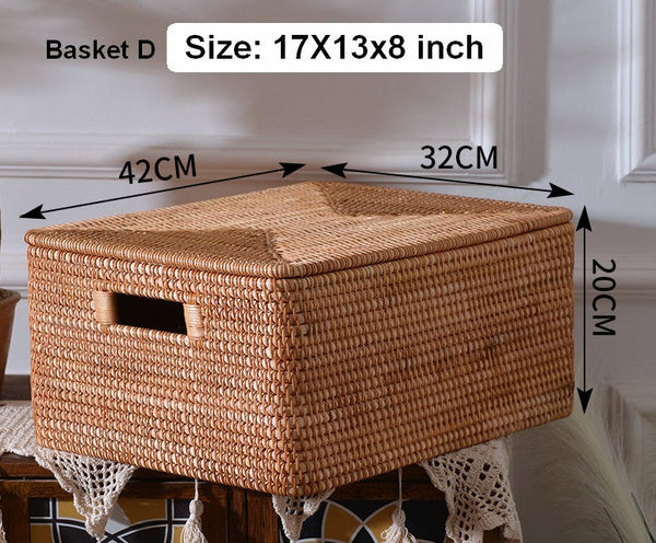 Square Storage Basket with Lid, Extra Large Storage Baskets for Clothes, Rattan Storage Basket for Shelves, Oversized Storage Baskets for Kitchen-HomePaintingDecor