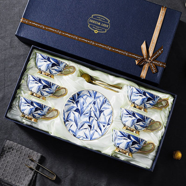 Unique British Tea Cup and Saucer in Gift Box, Blue Bone China Porcelain Tea Cup Set, Elegant British Ceramic Coffee Cups-HomePaintingDecor