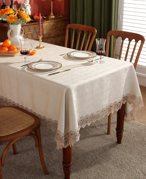 Large Simple Table Cloth for Dining Room Table, Beige Lace Tablecloth for Home Decoration, Modern Rectangle Tablecloth, Square Tablecloth for Round Table-HomePaintingDecor