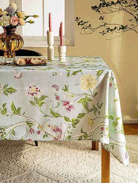 Singing Bird Tablecloth for Round Table, Kitchen Table Cover, Flower Table Cover for Dining Room Table, Modern Rectangle Tablecloth Ideas for Oval Table-HomePaintingDecor