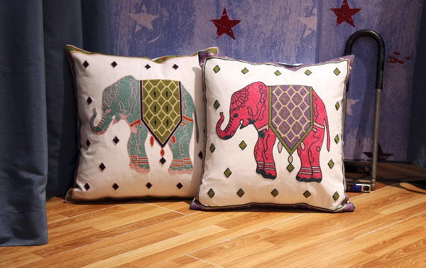 Elephant Embroider Cotton Pillow Covers, Farmhouse Decorative Sofa Pillows, Cotton Decorative Pillows, Decorative Throw Pillows for Couch-HomePaintingDecor