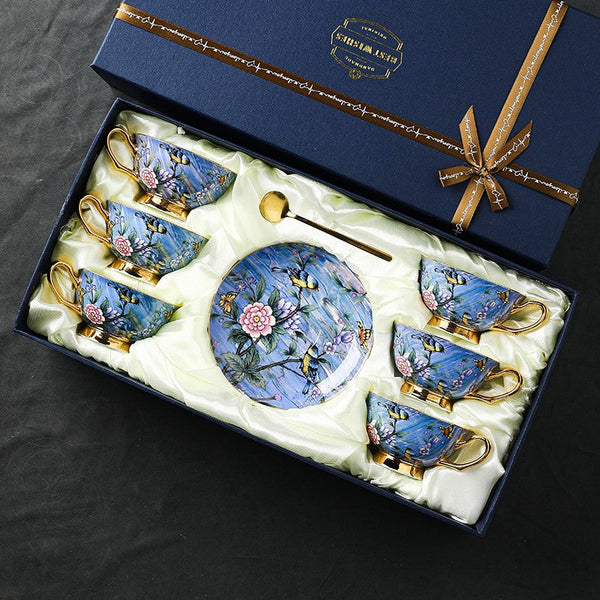 Unique British Tea Cup and Saucer in Gift Box, Blue Bird and Butterfly Bone China Porcelain Tea Cup Set, Elegant British Ceramic Coffee Cups-HomePaintingDecor