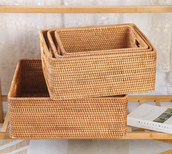 Woven Rattan Storage Baskets for Bedroom, Storage Basket for Shelves, Large Rectangular Storage Baskets for Clothes, Storage Baskets for Kitchen-HomePaintingDecor