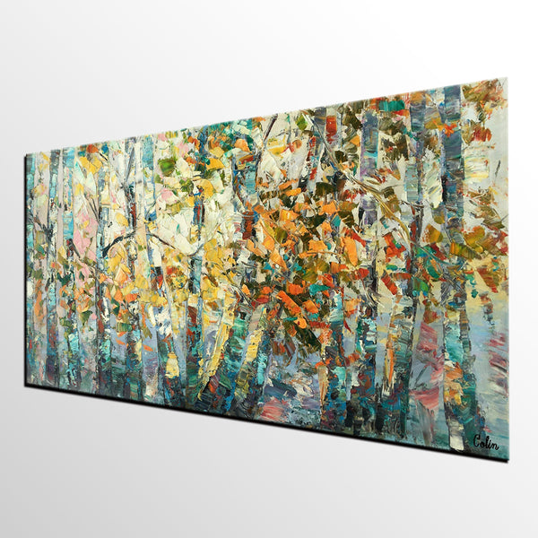 Canvas Art, Autumn Birch Tree Painting, Abstract Landscape Painting, Abstract Art Painting, Custom Canvas Painting-HomePaintingDecor