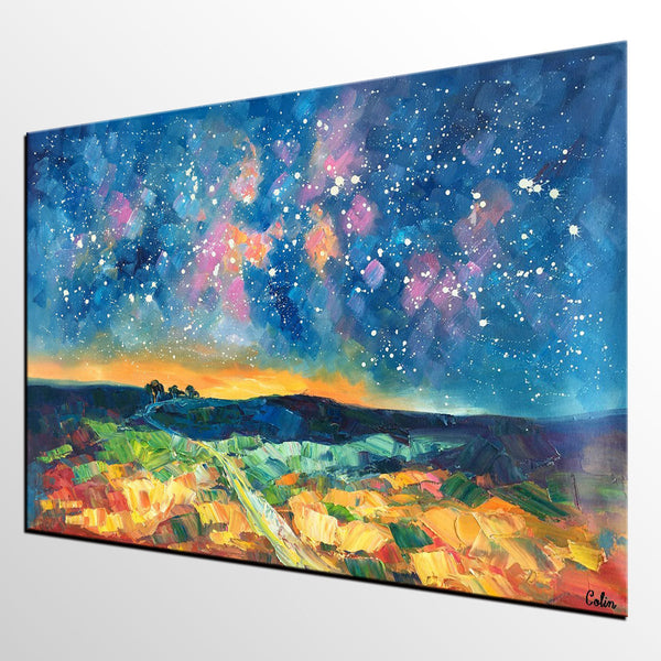 Starry Night Landscape Painting, Large Canvas Art Painting, Custom Large Oil Painting-HomePaintingDecor