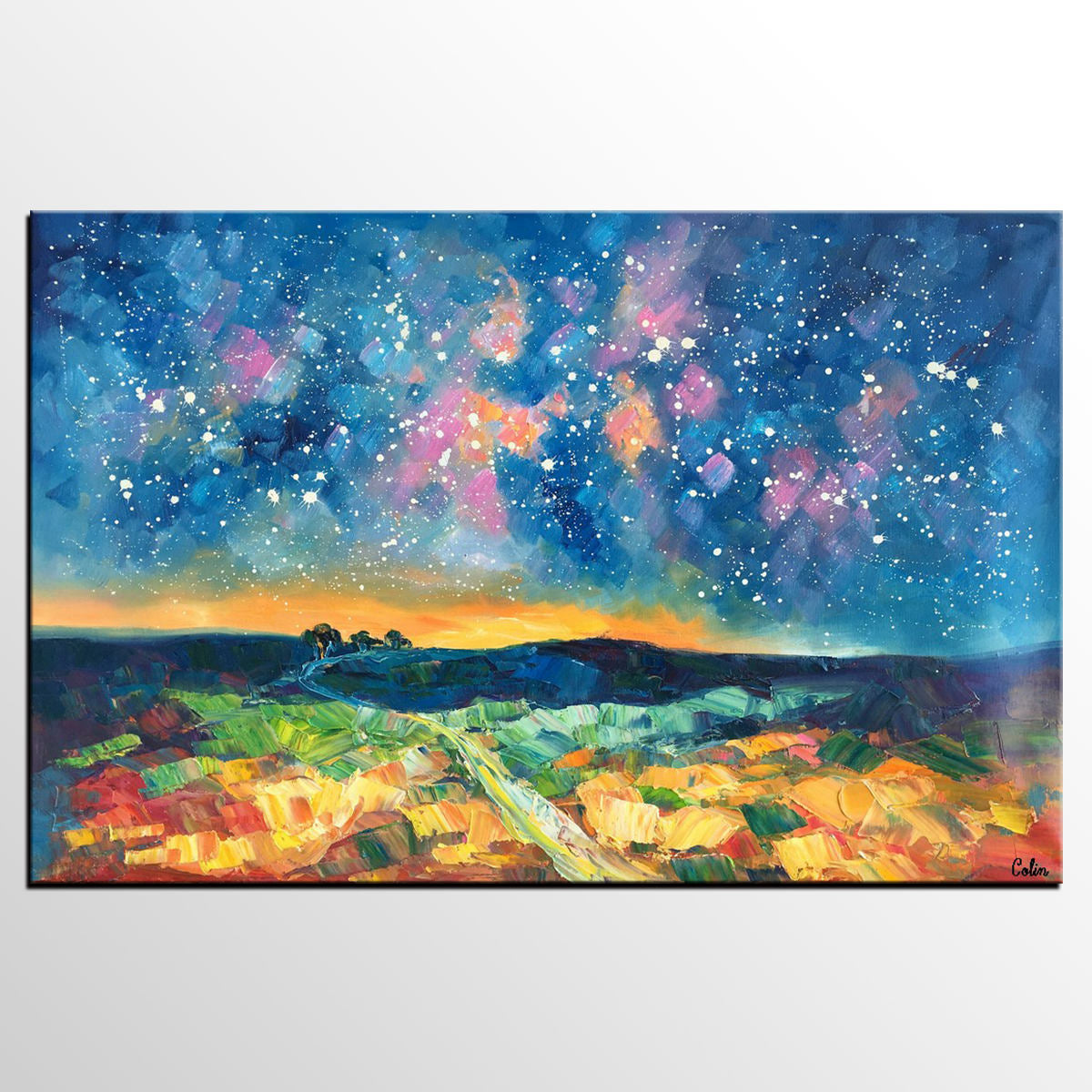 Starry Night Landscape Painting, Large Canvas Art Painting, Custom Large Oil Painting-HomePaintingDecor