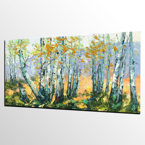 Custom Dining Room Wall Art, Landscape Painting, Birch Tree Painting, Impasto Canvas Art-HomePaintingDecor