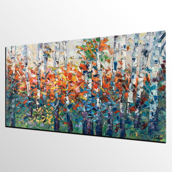 Birch Tree Painting, Impasto Art, Large Canvas Art, Bedroom Canvas Painting, Custom Extra Large Painting-HomePaintingDecor