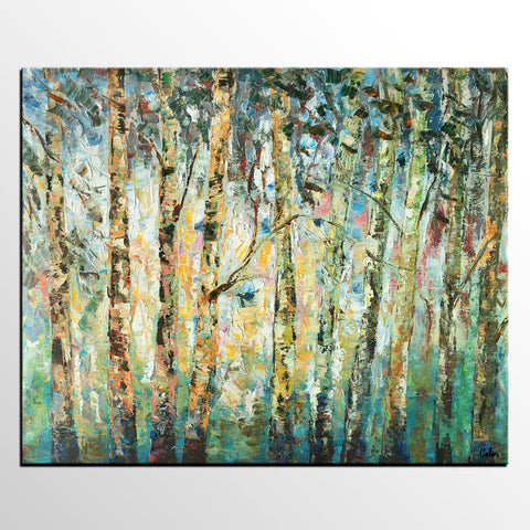 Abstract Landscape Painting, Birch Tree Painting, Bedroom Wall Art Paintings, Simple Modern Art, Custom Landscape Painting for Bedroom-HomePaintingDecor