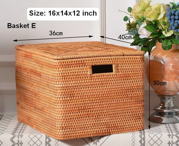 Extra Large Storage Baskets for Clothes, Oversized Rectangular Storage Basket with Lid, Wicker Rattan Storage Basket for Shelves, Storage Baskets for Bedroom-HomePaintingDecor