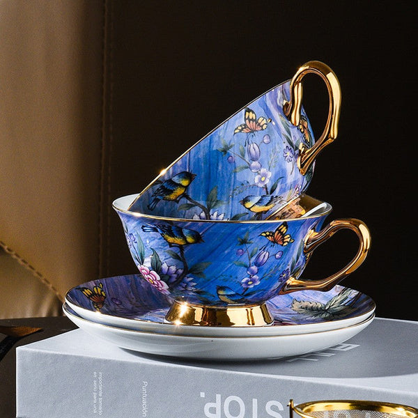 Unique British Tea Cup and Saucer in Gift Box, Blue Bird and Butterfly Bone China Porcelain Tea Cup Set, Elegant British Ceramic Coffee Cups-HomePaintingDecor