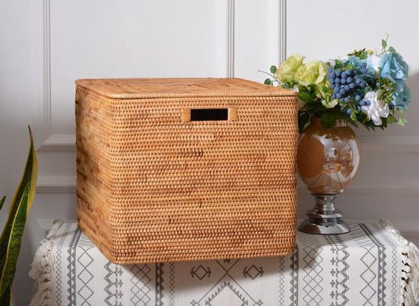 Wicker Storage Baskets for Bathroom, Rattan Rectangular Storage Basket with Lid, Extra Large Storage Baskets for Clothes, Storage Baskets for Bedroom-HomePaintingDecor