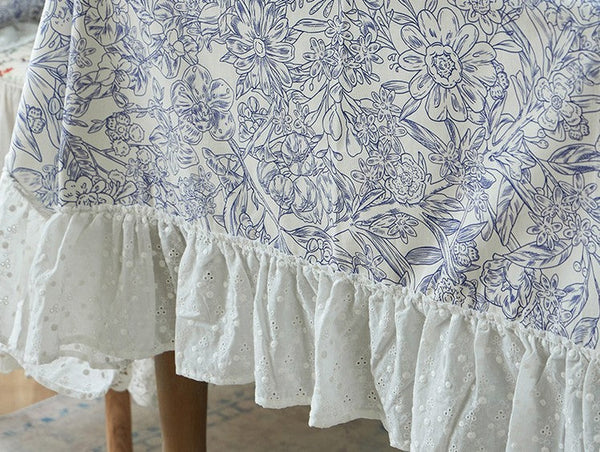 Cotton Rectangle Tablecloth for Dining Room Table, Natural Spring Farmhouse Table Cloth, Blue Flower Pattern Cotton Tablecloth, Square Tablecloth for Round Table-HomePaintingDecor