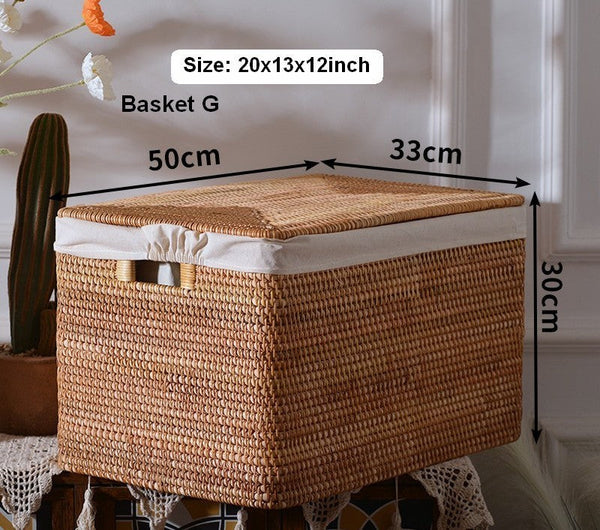 Square Storage Basket with Lid, Extra Large Storage Baskets for Clothes, Rattan Storage Basket for Shelves, Oversized Storage Baskets for Kitchen-HomePaintingDecor