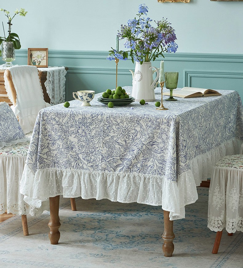 Cotton Rectangle Tablecloth for Dining Room Table, Natural Spring Farmhouse Table Cloth, Blue Flower Pattern Cotton Tablecloth, Square Tablecloth for Round Table-HomePaintingDecor