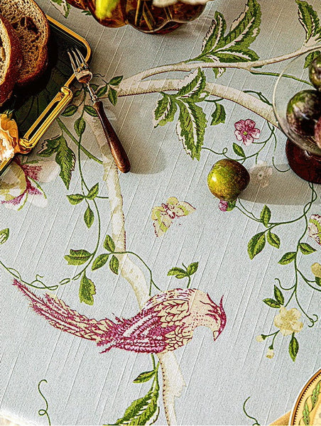 Singing Bird Tablecloth for Round Table, Kitchen Table Cover, Flower Table Cover for Dining Room Table, Modern Rectangle Tablecloth Ideas for Oval Table-HomePaintingDecor