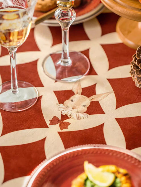 Holiday Red Tablecloth for Dining Table, Rabbit Pattern Table Cover for Dining Room Table, Modern Rectangle Tablecloth for Oval Table-HomePaintingDecor