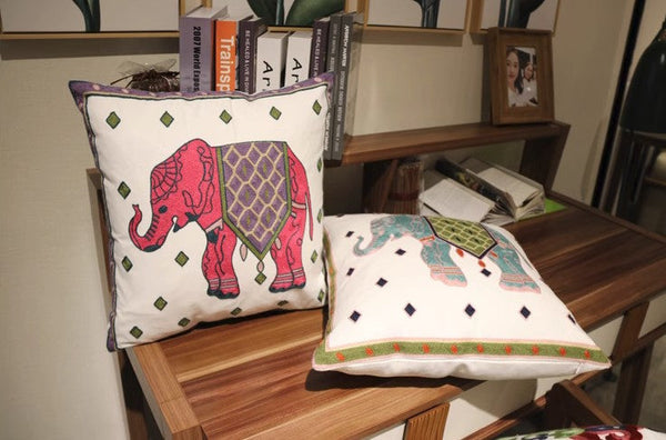 Elephant Embroider Cotton Pillow Covers, Farmhouse Decorative Sofa Pillows, Cotton Decorative Pillows, Decorative Throw Pillows for Couch-HomePaintingDecor