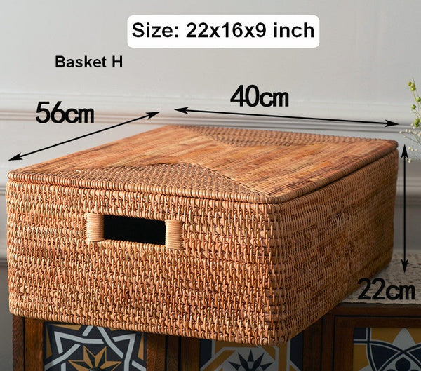 Extra Large Storage Baskets for Clothes, Oversized Rectangular Storage Basket with Lid, Wicker Rattan Storage Basket for Shelves, Storage Baskets for Bedroom-HomePaintingDecor