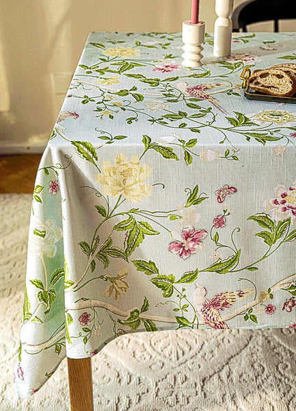 Singing Bird Tablecloth for Round Table, Kitchen Table Cover, Flower Table Cover for Dining Room Table, Modern Rectangle Tablecloth Ideas for Oval Table-HomePaintingDecor