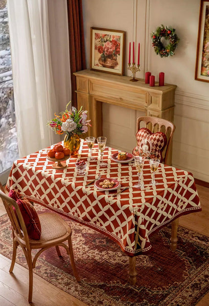 Holiday Red Tablecloth for Dining Table, Rabbit Pattern Table Cover for Dining Room Table, Modern Rectangle Tablecloth for Oval Table-HomePaintingDecor