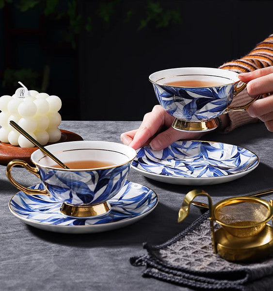 Unique British Tea Cup and Saucer in Gift Box, Blue Bone China Porcelain Tea Cup Set, Elegant British Ceramic Coffee Cups-HomePaintingDecor