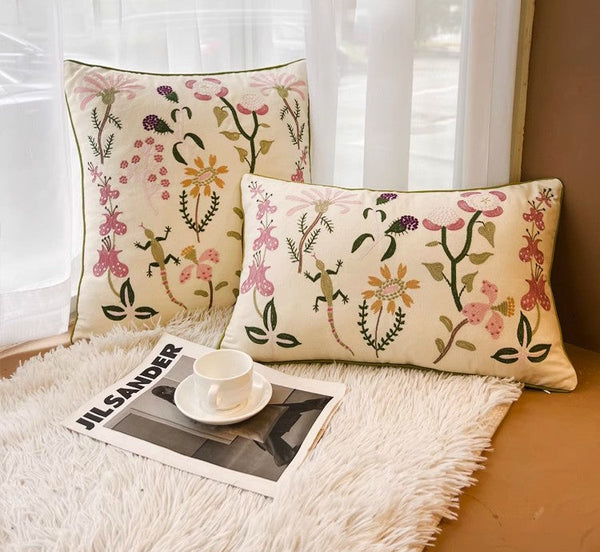 Embroider Flower Cotton Pillow Covers, Spring Flower Decorative Throw Pillows, Farmhouse Sofa Decorative Pillows, Flower Decorative Throw Pillows for Couch-HomePaintingDecor