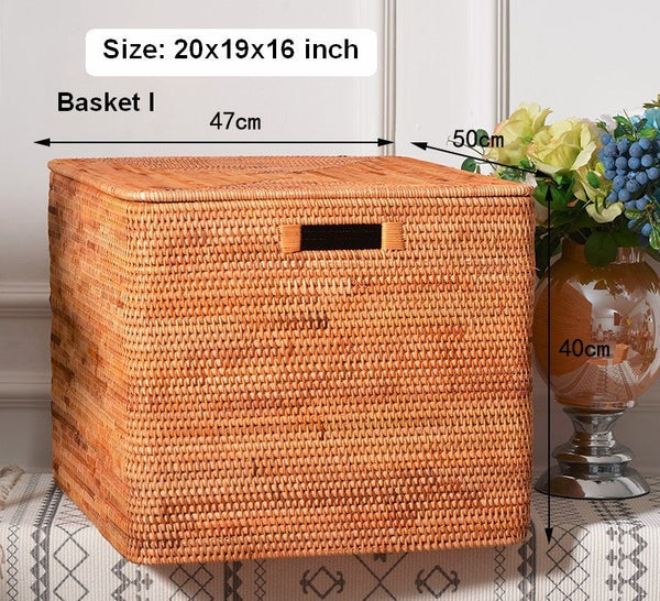 Square Storage Basket with Lid, Extra Large Storage Baskets for Clothes, Rattan Storage Basket for Shelves, Oversized Storage Baskets for Kitchen-HomePaintingDecor