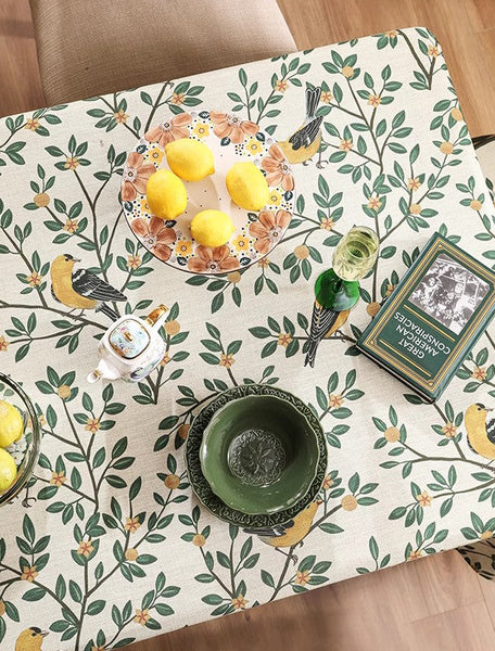 Rectangle Tablecloth for Dining Table, Oriole and Golden Orange Tree Table Cover, Extra Large Modern Tablecloth, Square Linen Tablecloth for Coffee Table-HomePaintingDecor