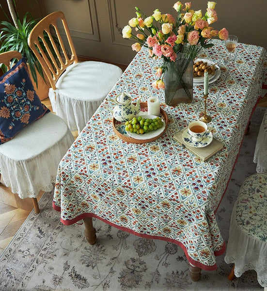 Large Rectangle Tablecloth for Home Decoration, Square Tablecloth for Round Table, Farmhouse Table Cloth Dining Room Table, Flower Pattern Tablecloth-HomePaintingDecor