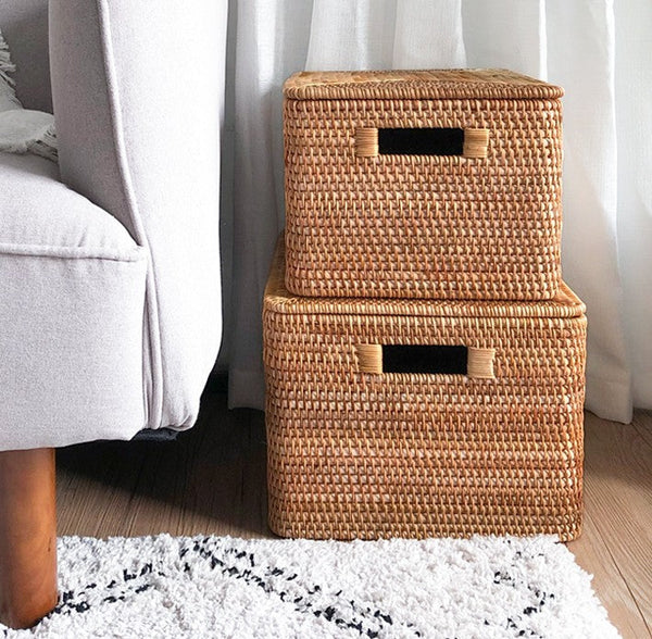 Extra Large Storage Baskets for Shelves, Wicker Rectangular Storage Baskets for Living Room, Rattan Storage Basket with Lid, Storage Baskets for Clothes-HomePaintingDecor