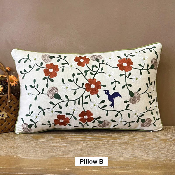 Bird Spring Flower Decorative Throw Pillows, Farmhouse Sofa Decorative Pillows, Embroider Flower Cotton Pillow Covers, Flower Decorative Throw Pillows for Couch-HomePaintingDecor