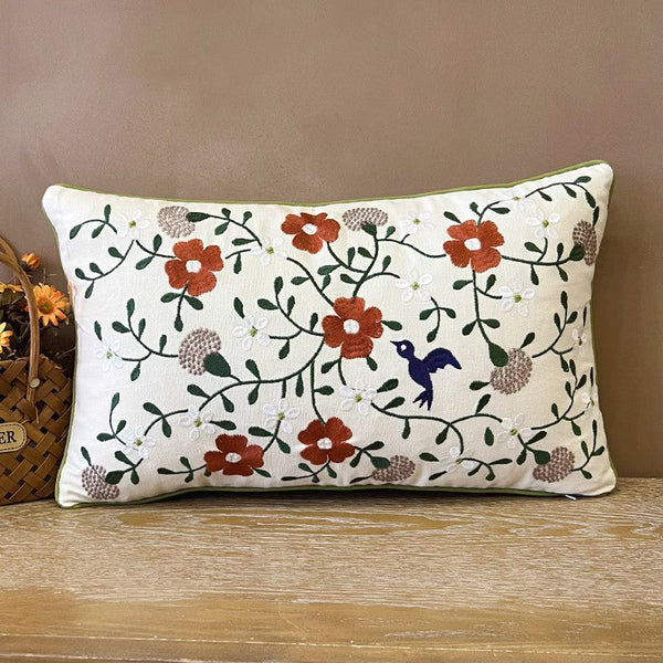 Bird Spring Flower Decorative Throw Pillows, Farmhouse Sofa Decorative Pillows, Embroider Flower Cotton Pillow Covers, Flower Decorative Throw Pillows for Couch-HomePaintingDecor