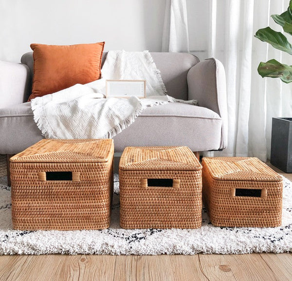 Rattan Rectangular Storage Basket with Lid, Extra Large Storage Baskets for Clothes, Storage Baskets for Bedroom, Woven Storage Baskets for Living Room-HomePaintingDecor