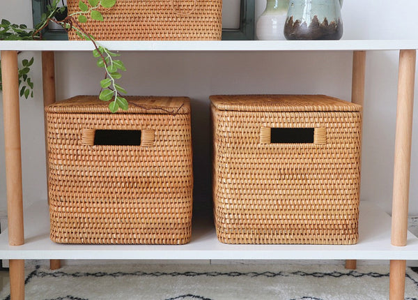 Oversized Rectangular Storage Basket with Lid, Woven Rattan Storage Basket for Shelves, Storage Baskets for Bedroom, Extra Large Storage Baskets for Clothes-HomePaintingDecor