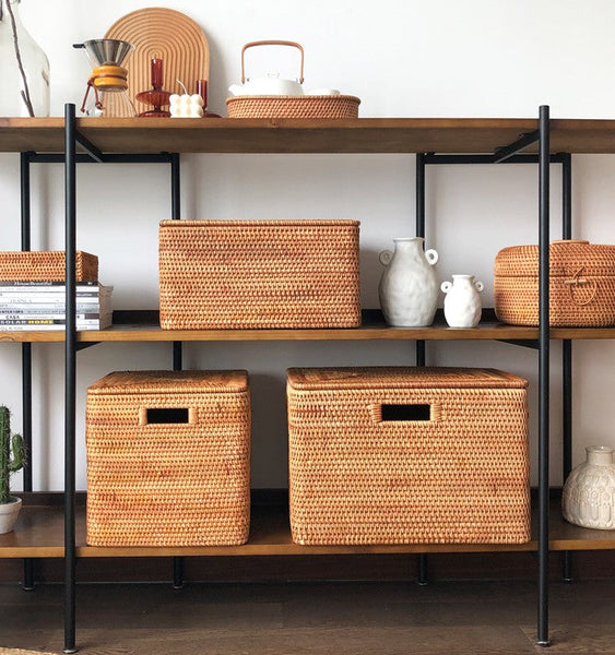 Laundry Storage Baskets for Bathroom, Rectangular Storage Baskets for Clothes, Wicker Storage Baskets for Shelves, Rattan Storage Baskets for Kitchen, Storage Basket with Lid-HomePaintingDecor