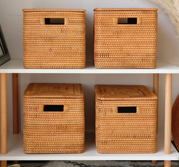 Laundry Storage Baskets for Bathroom, Rectangular Storage Baskets for Clothes, Wicker Storage Baskets for Shelves, Rattan Storage Baskets for Kitchen, Storage Basket with Lid-HomePaintingDecor