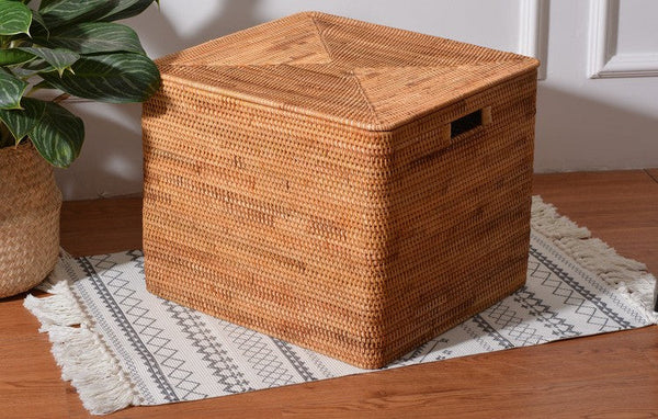 Rattan Rectangular Storage Basket with Lid, Extra Large Storage Baskets for Clothes, Storage Baskets for Bedroom, Woven Storage Baskets for Living Room-HomePaintingDecor