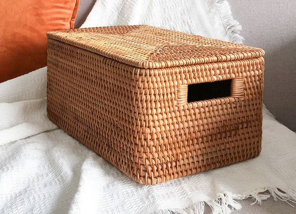 Square Storage Basket with Lid, Extra Large Storage Baskets for Clothes, Rattan Storage Basket for Shelves, Oversized Storage Baskets for Kitchen-HomePaintingDecor