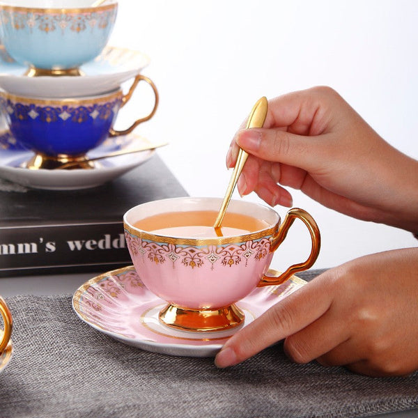 Pink Blue White Bone China Porcelain Tea Cup Set, Unique British Tea Cup and Saucer in Gift Box, Elegant British Ceramic Coffee Cups for Afternoon Tea-HomePaintingDecor