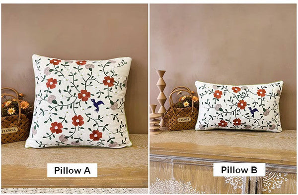 Bird Spring Flower Decorative Throw Pillows, Farmhouse Sofa Decorative Pillows, Embroider Flower Cotton Pillow Covers, Flower Decorative Throw Pillows for Couch-HomePaintingDecor