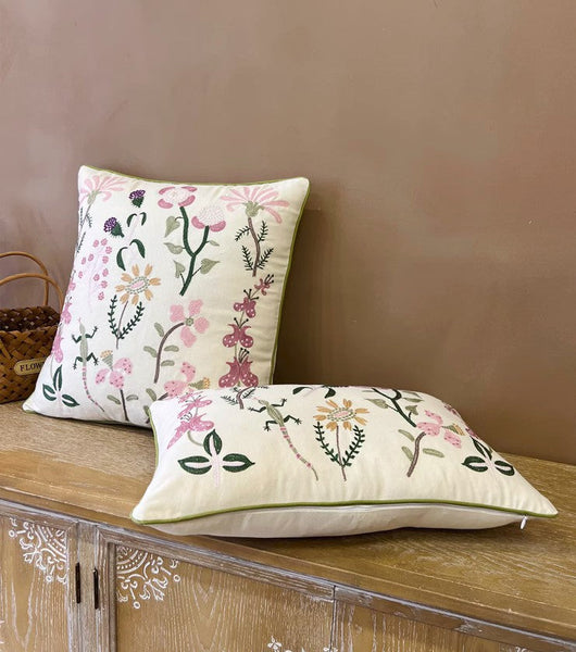 Embroider Flower Cotton Pillow Covers, Spring Flower Decorative Throw Pillows, Farmhouse Sofa Decorative Pillows, Flower Decorative Throw Pillows for Couch-HomePaintingDecor