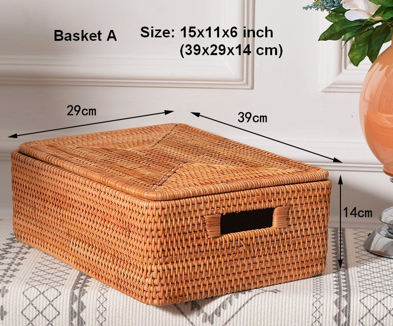 Rectangular Storage Basket with Lid, Rattan Basket, Storage Basket for Shelves, Storage Baskets for Bathroom, Bedroom Storage Baskets-HomePaintingDecor