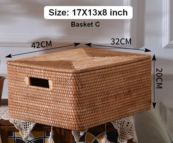 Rectangular Storage Basket with Lid, Rattan Basket, Storage Basket for Shelves, Storage Baskets for Bathroom, Bedroom Storage Baskets-HomePaintingDecor