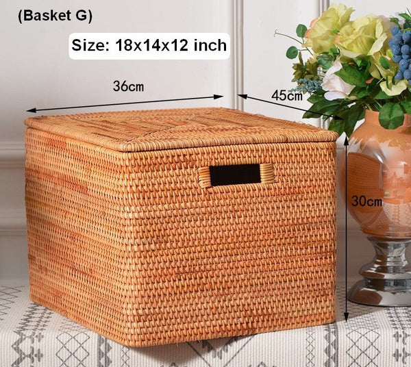 Large Storage Baskets for Clothes, Laundry Woven Baskets, Rattan Storage Baskets for Shelves, Kitchen Storage Baskets, Rectangular Storage Basket with Lid-HomePaintingDecor