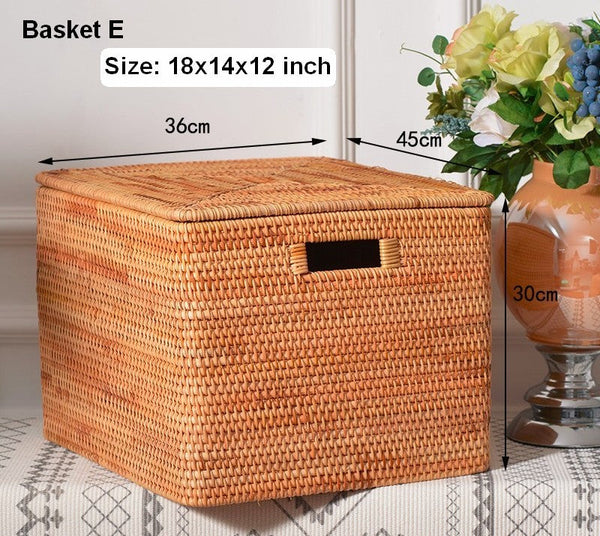 Wicker Storage Baskets for Bathroom, Rattan Rectangular Storage Basket with Lid, Extra Large Storage Baskets for Clothes, Storage Baskets for Bedroom-HomePaintingDecor