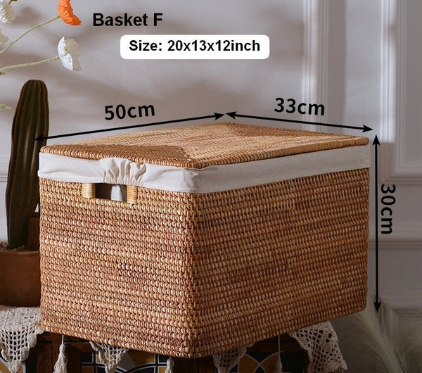 Rattan Rectangular Storage Basket with Lid, Extra Large Storage Baskets for Clothes, Storage Baskets for Bedroom, Woven Storage Baskets for Living Room-HomePaintingDecor