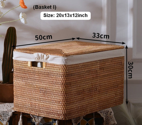 Extra Large Storage Baskets for Shelves, Wicker Rectangular Storage Baskets for Living Room, Rattan Storage Basket with Lid, Storage Baskets for Clothes-HomePaintingDecor