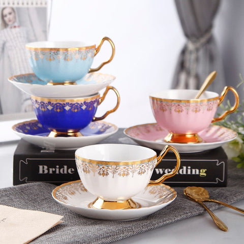 Pink Blue White Bone China Porcelain Tea Cup Set, Unique British Tea Cup and Saucer in Gift Box, Elegant British Ceramic Coffee Cups for Afternoon Tea-HomePaintingDecor