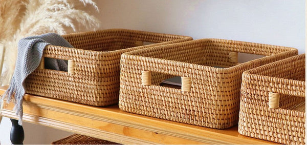 Storage Basket for Shelves, Large Rectangular Storage Baskets, Storage Baskets for Kitchen, Woven Rattan Storage Baskets for Bedroom-HomePaintingDecor